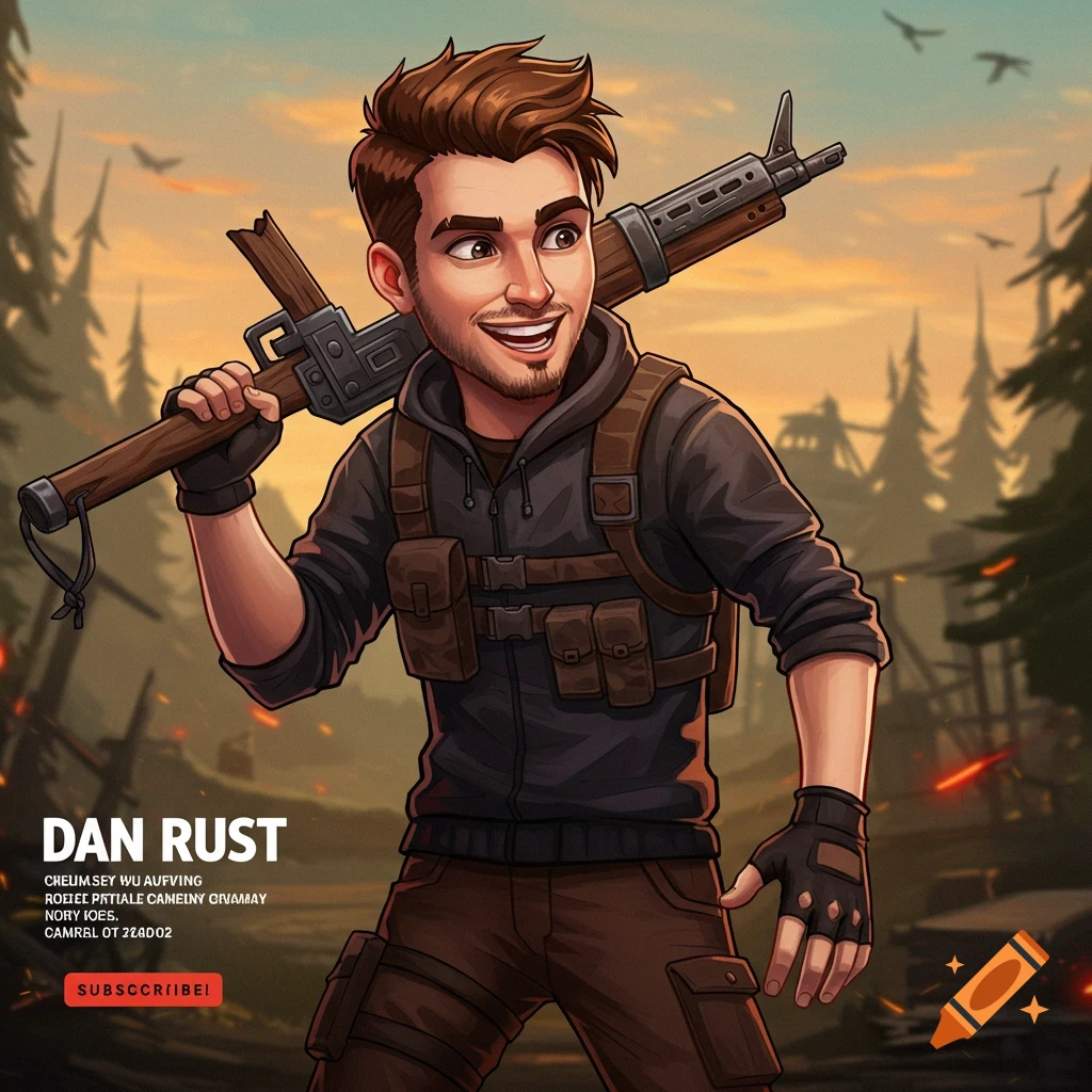 Stylized illustration of a smiling man with a beard, holding a rifle, in a forest setting.