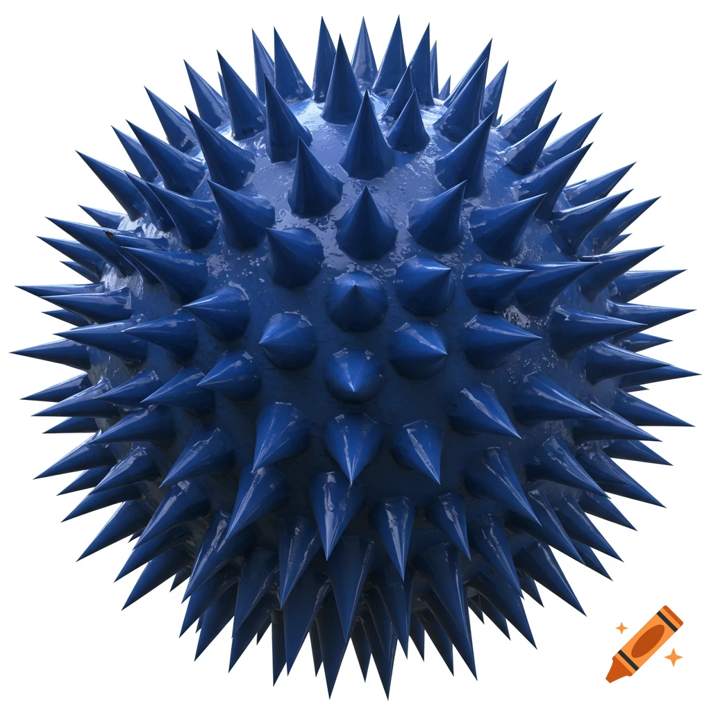 A shiny blue sphere covered in sharp spikes on a white background.