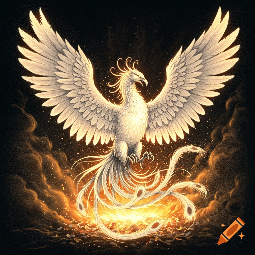 White phoenix rising from fire, fantasy illustration.