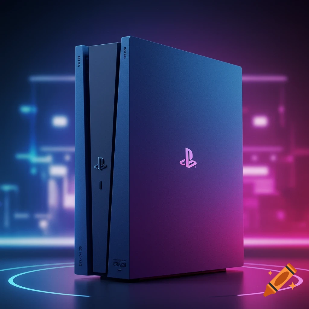 Blue and pink futuristic gaming console with a PlayStation logo against a blurred neon city background.
