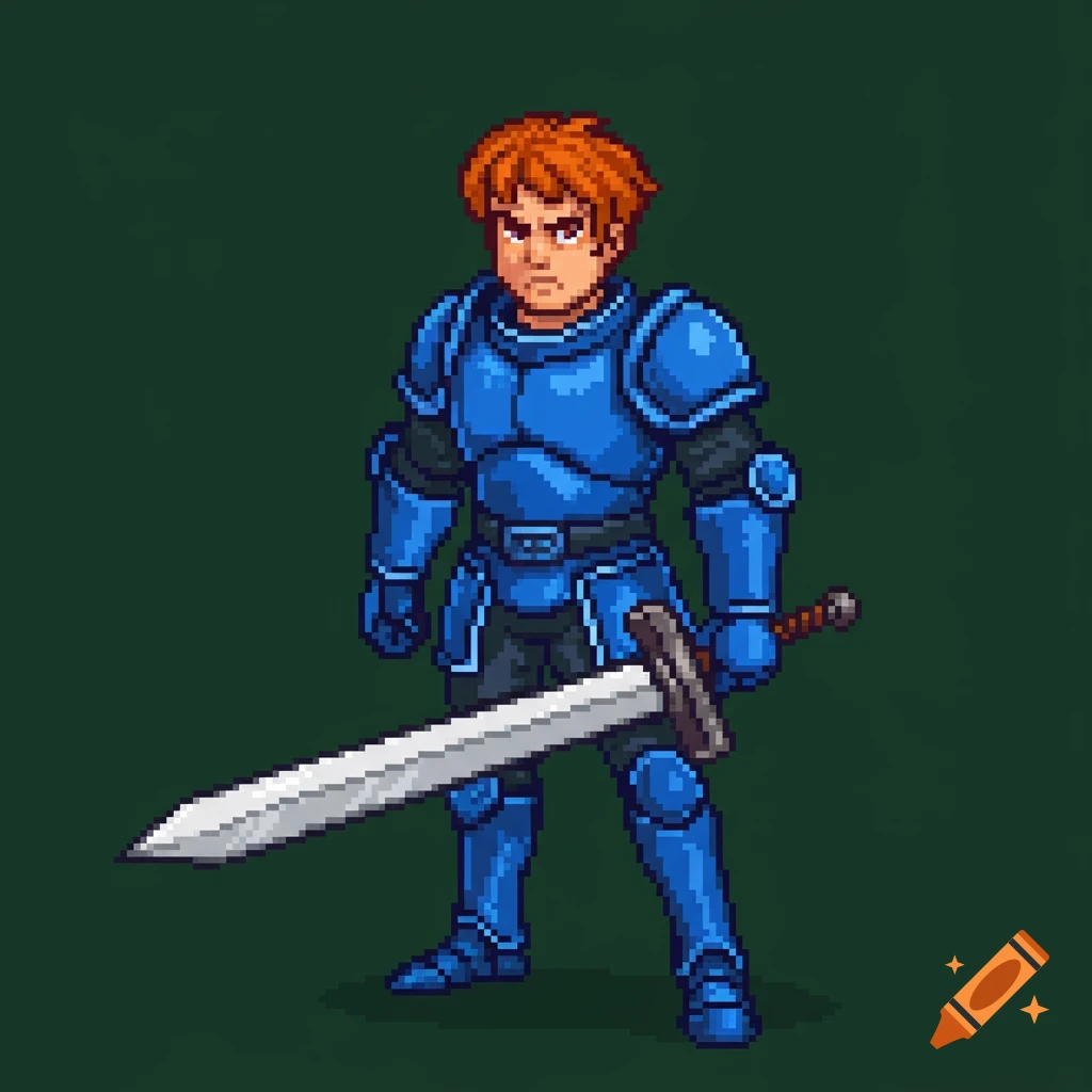 Pixel art warrior in blue armor holding a sword.