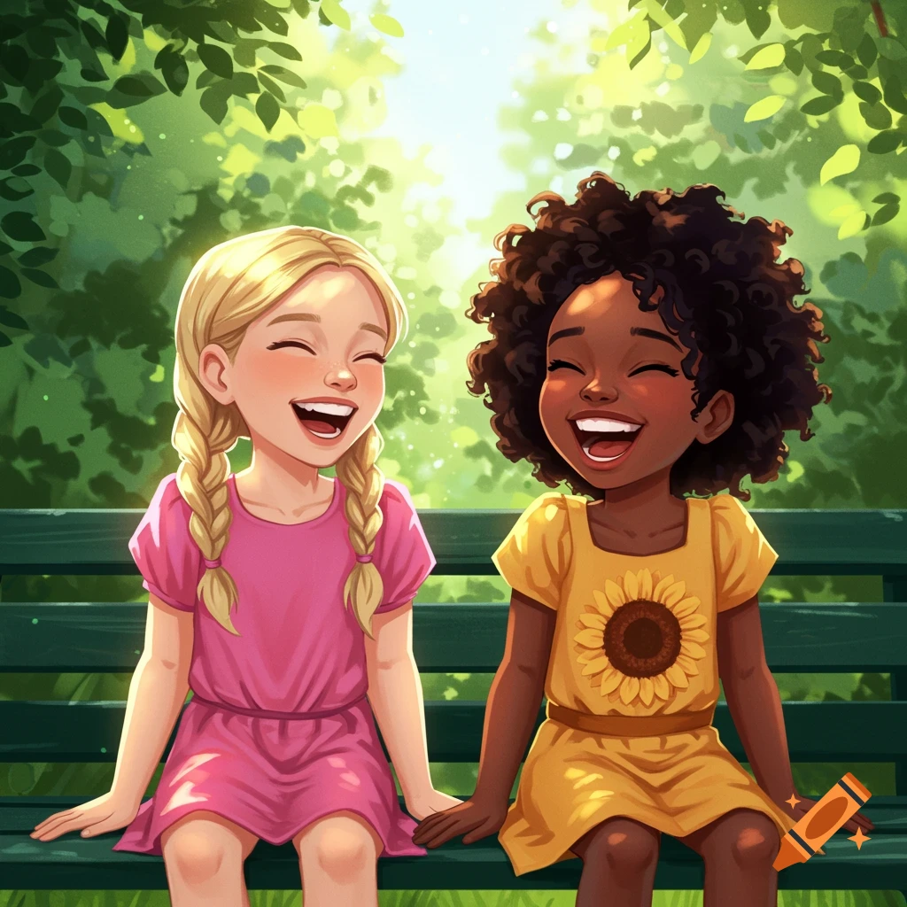 Cartoon illustration of two young girls, one blonde, one with dark curly hair, sitting on a park bench and laughing.