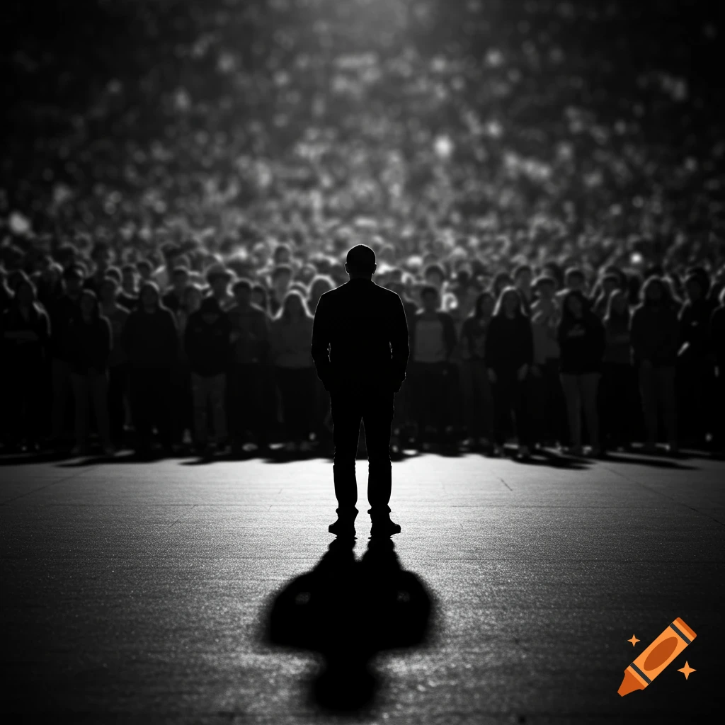 A person's silhouette stands with their back to a blurry crowd in a black and white image.