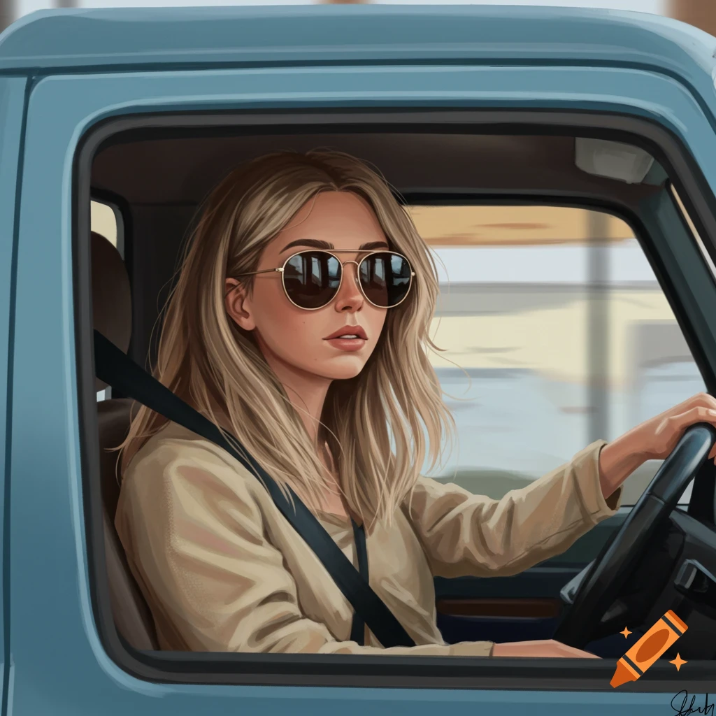 Illustration of a woman in sunglasses driving a blue truck