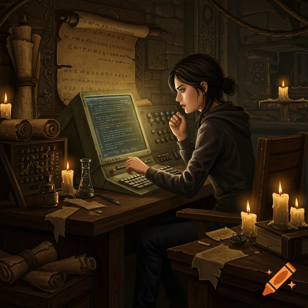 A woman works at an ancient computer surrounded by scrolls and candles in a fantasy setting.