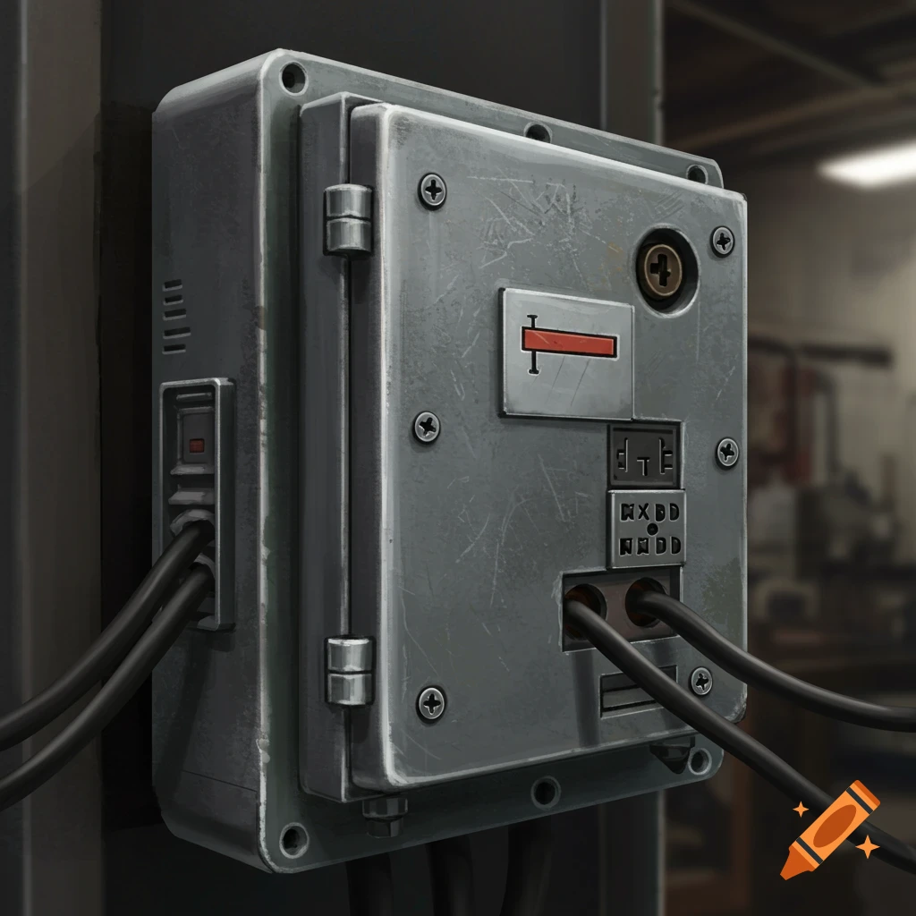 A close-up of a grey, rectangular electrical box mounted on a wall, with wires connected.