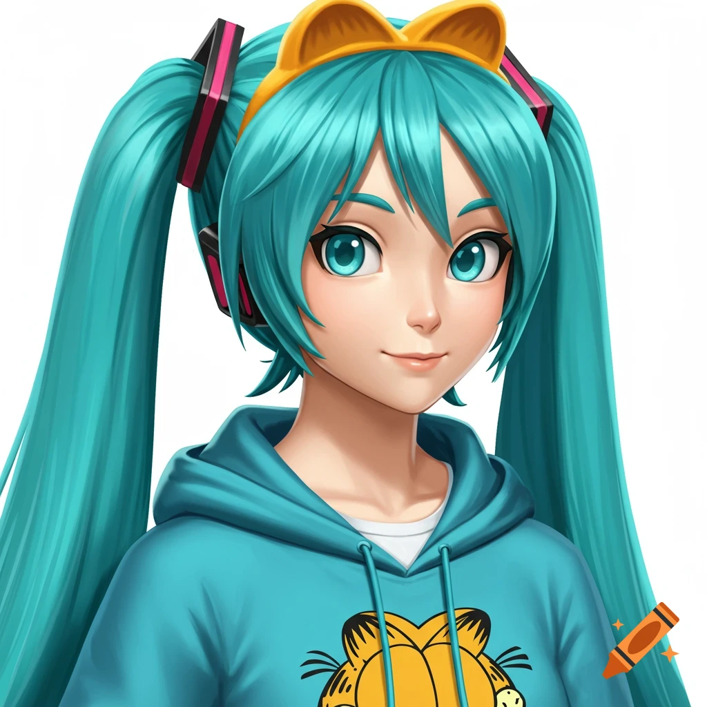 Anime illustration of Hatsune Miku with teal pigtails, blue eyes, wearing a blue hoodie with a Garfield graphic and yellow bow headband.