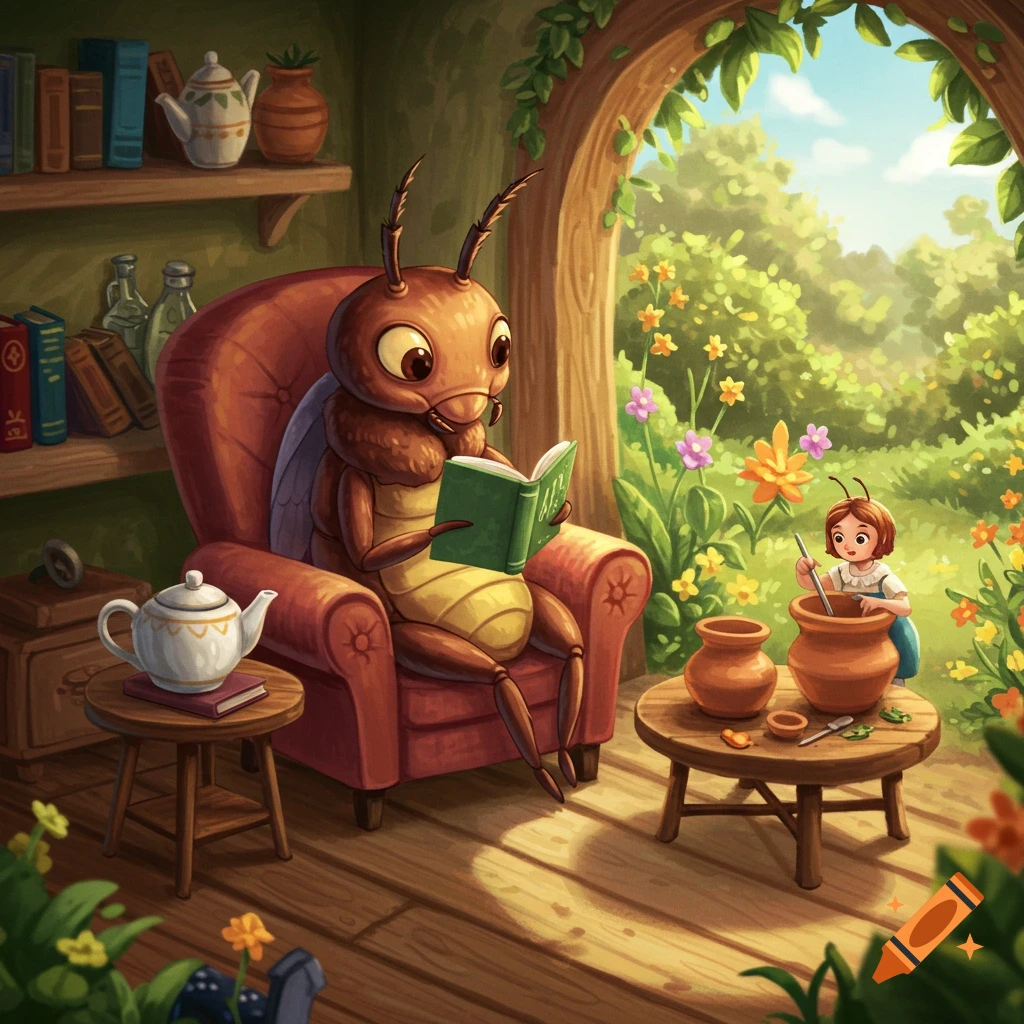 Illustration of a large anthropomorphic bug sitting in an armchair reading a book while a small child cooks nearby in a garden setting.