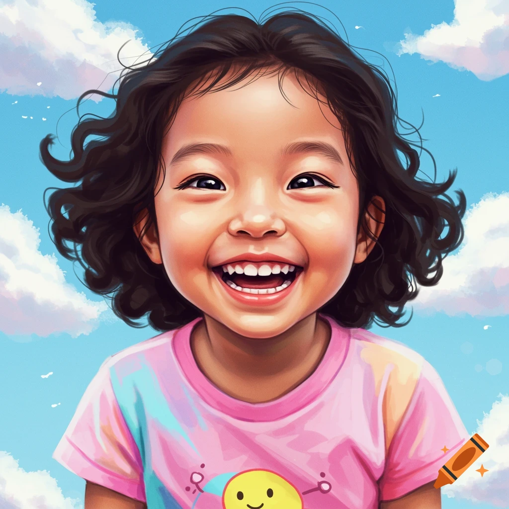Close-up of a smiling young girl in a pink shirt against a cloudy blue sky.