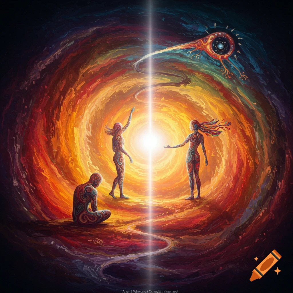 Abstract painting of stylized figures reaching towards a light in a swirling vortex of colors.