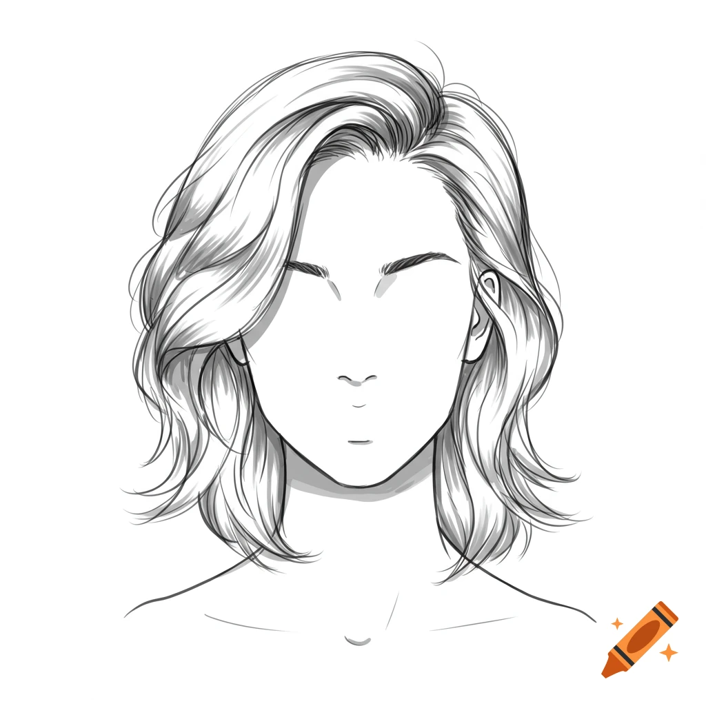Black and white sketch of a person's head with a wavy, medium-length haircut.