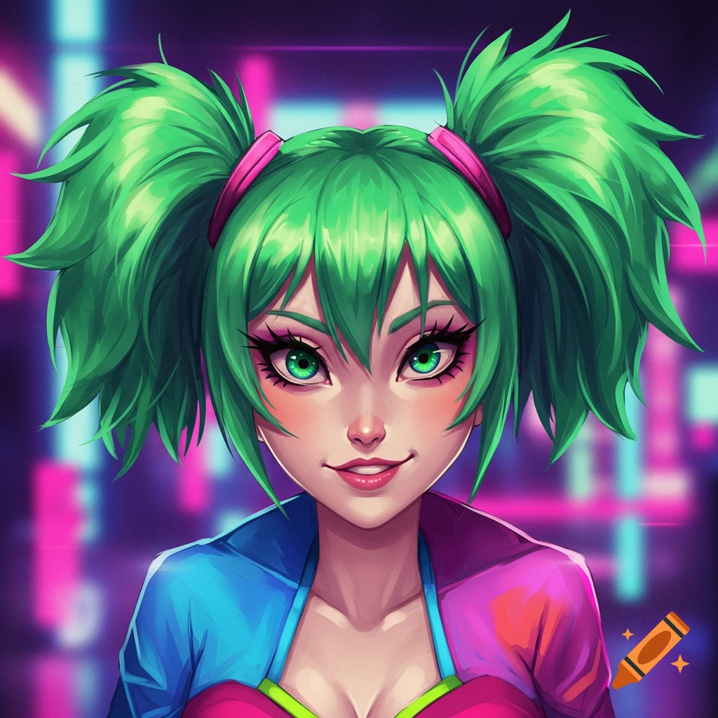 An anime-style portrait of a young woman with bright green hair in pigtails and a colorful outfit, with a neon city background.