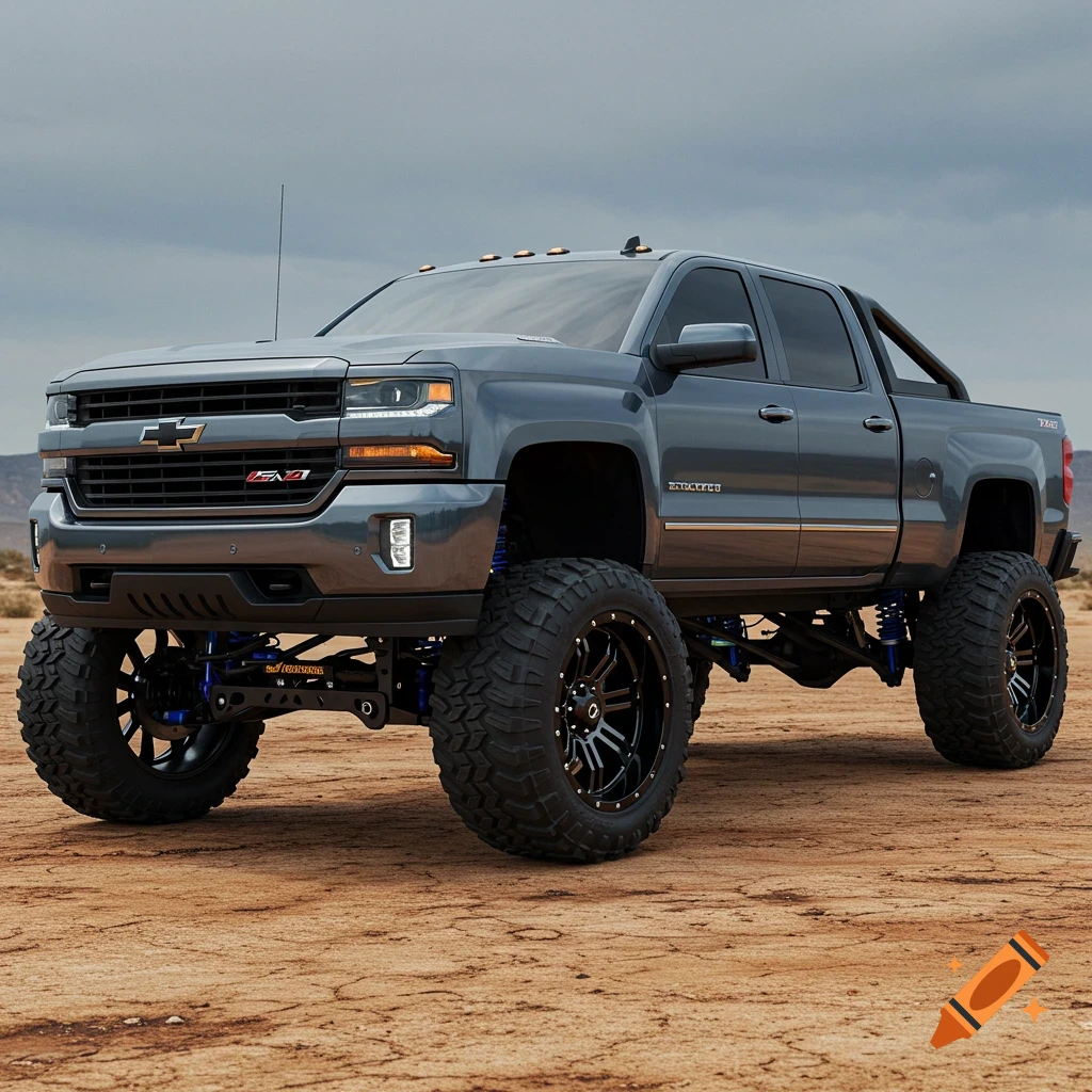 A lifted gray Chevrolet truck with large tires on dirt terrain.