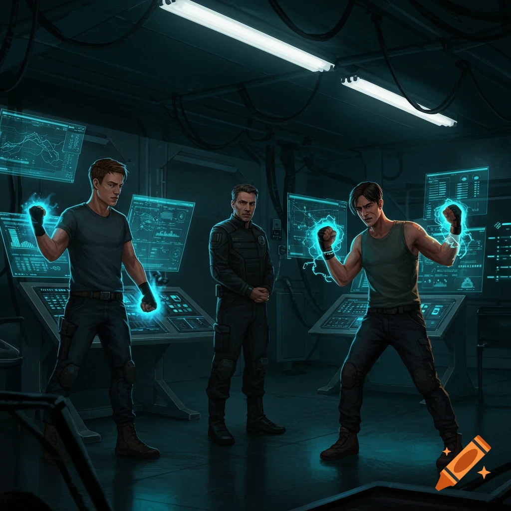 Three men in a dark, high-tech lab train with glowing blue energy around their fists. Illustrated.