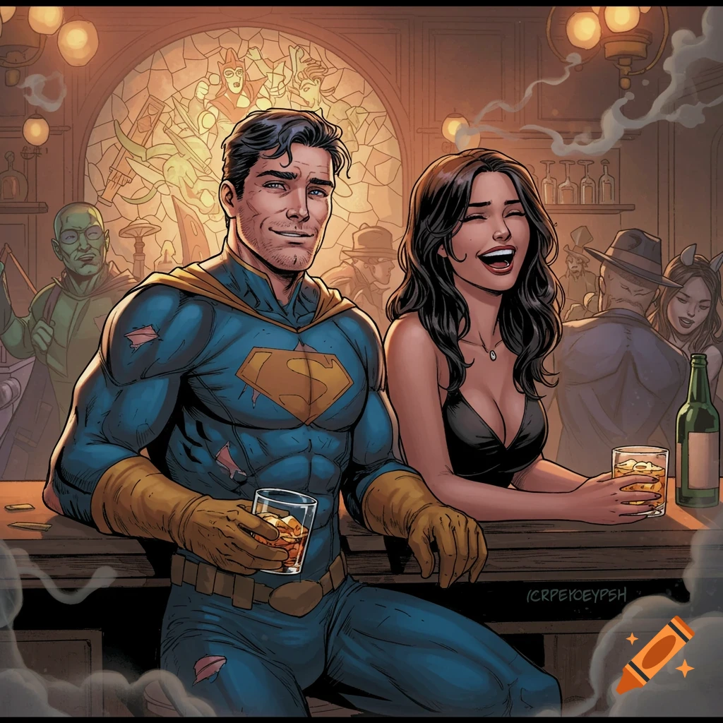 Comic book illustration of a scruffy superhero-like character and a laughing woman sitting at a bar.