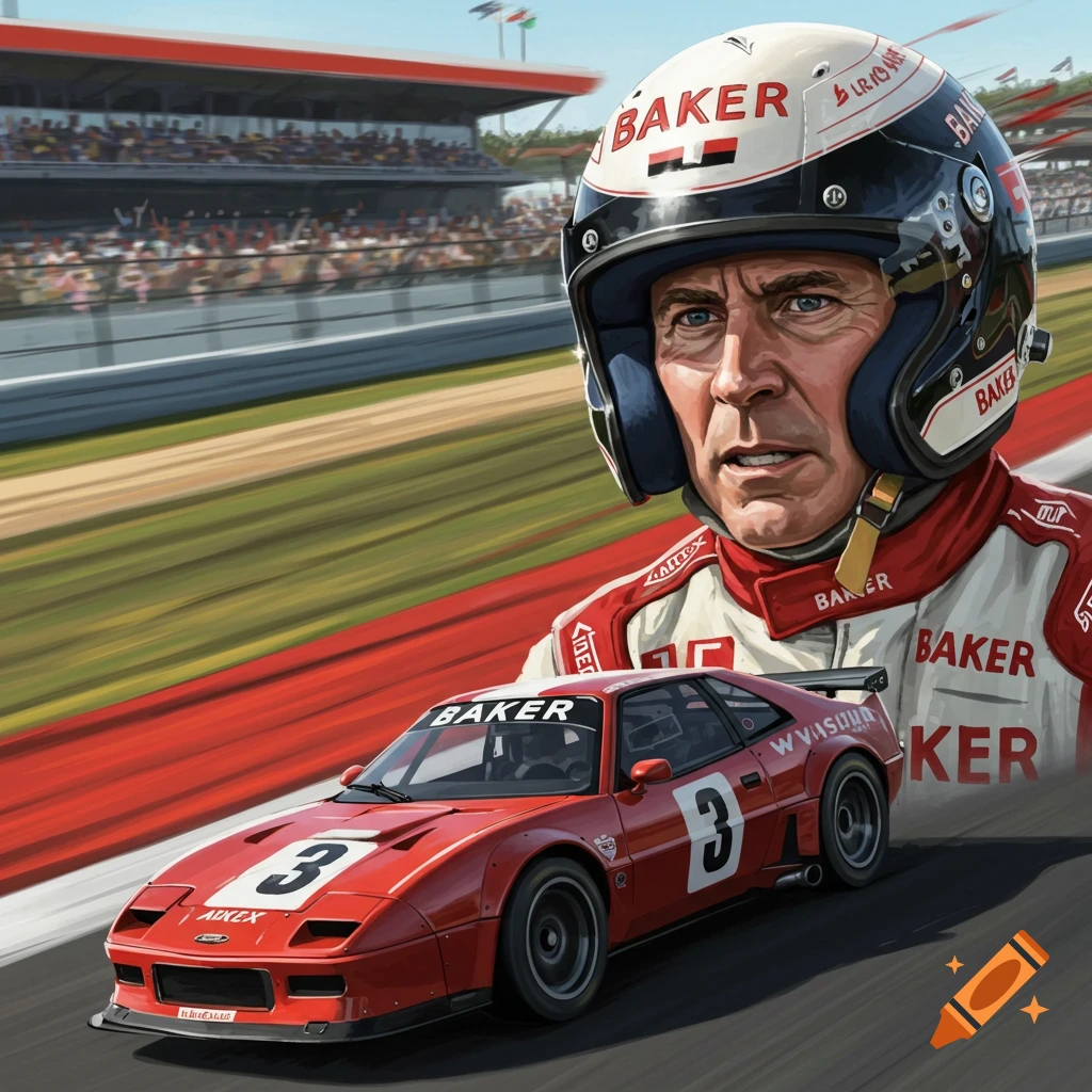 Painting of a race car driver in a helmet next to a red race car on a track.