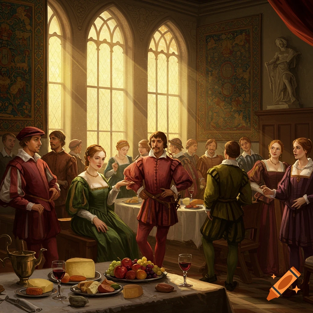 A group of people in Renaissance clothing gather around a table laden with food in a grand hall.