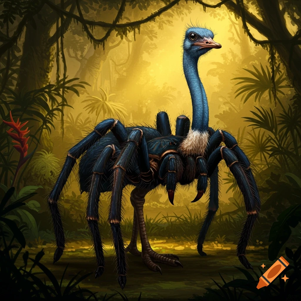 A fantasy creature with a tarantula body and ostrich head and legs stands in a jungle.
