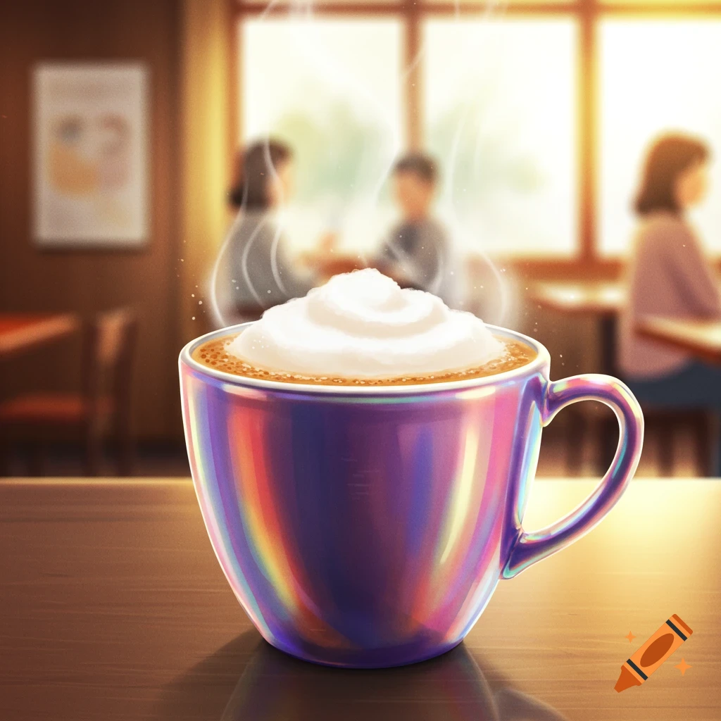Close up of a iridescent coffee cup with foam, in an anime-styled cafe.