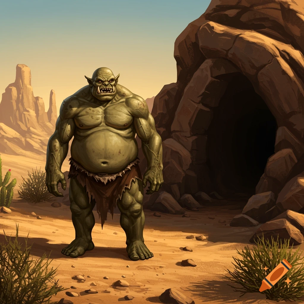 A muscular green orc stands in front of a dark cave entrance in a desert landscape.