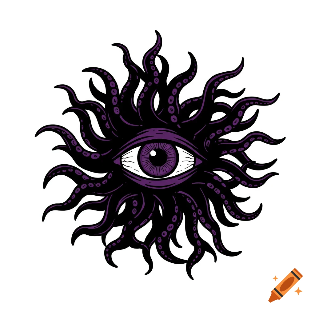 Purple and black illustration of an eye surrounded by tentacles, in a logo style.