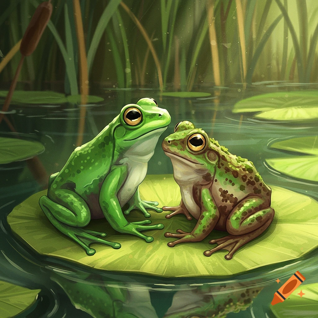 Two green frogs sit on a lily pad in a pond with reeds