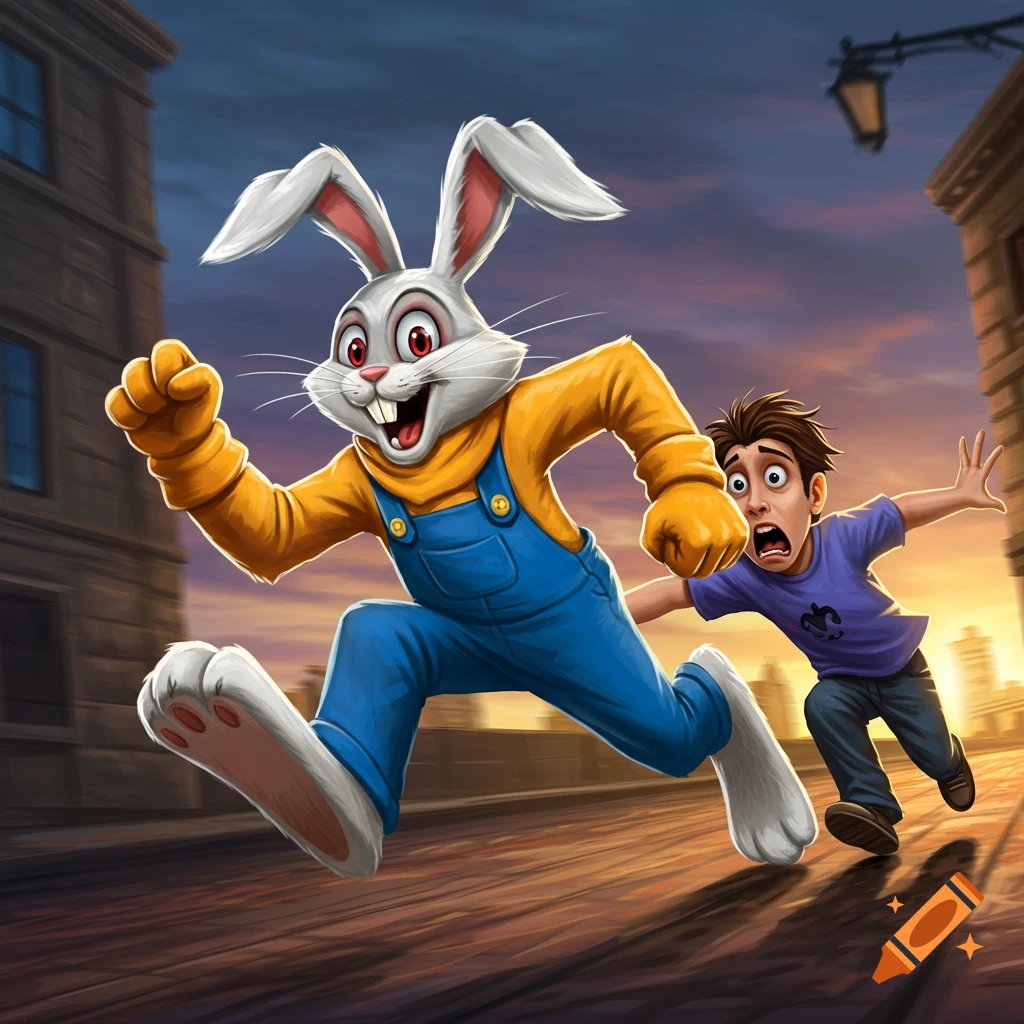 Cartoon illustration of a large bunny in overalls chasing a terrified boy down a street.