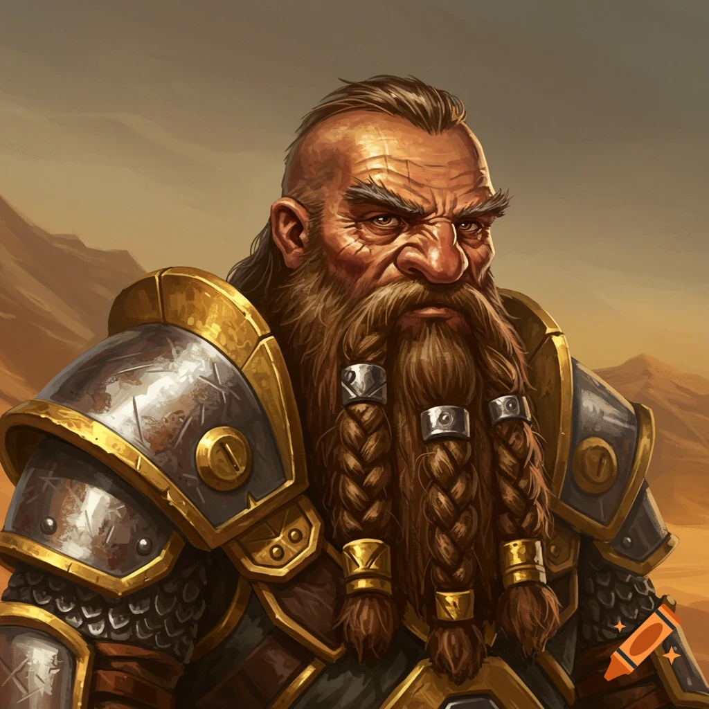 Close-up portrait of a stern fantasy dwarf in elaborate armor with a braided beard.