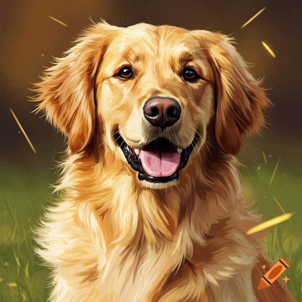 Close-up portrait of a smiling golden retriever dog in grass