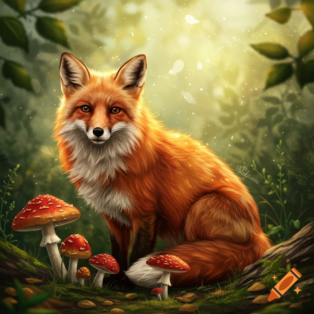 A red fox sits among toadstools in a sun-dappled forest clearing.