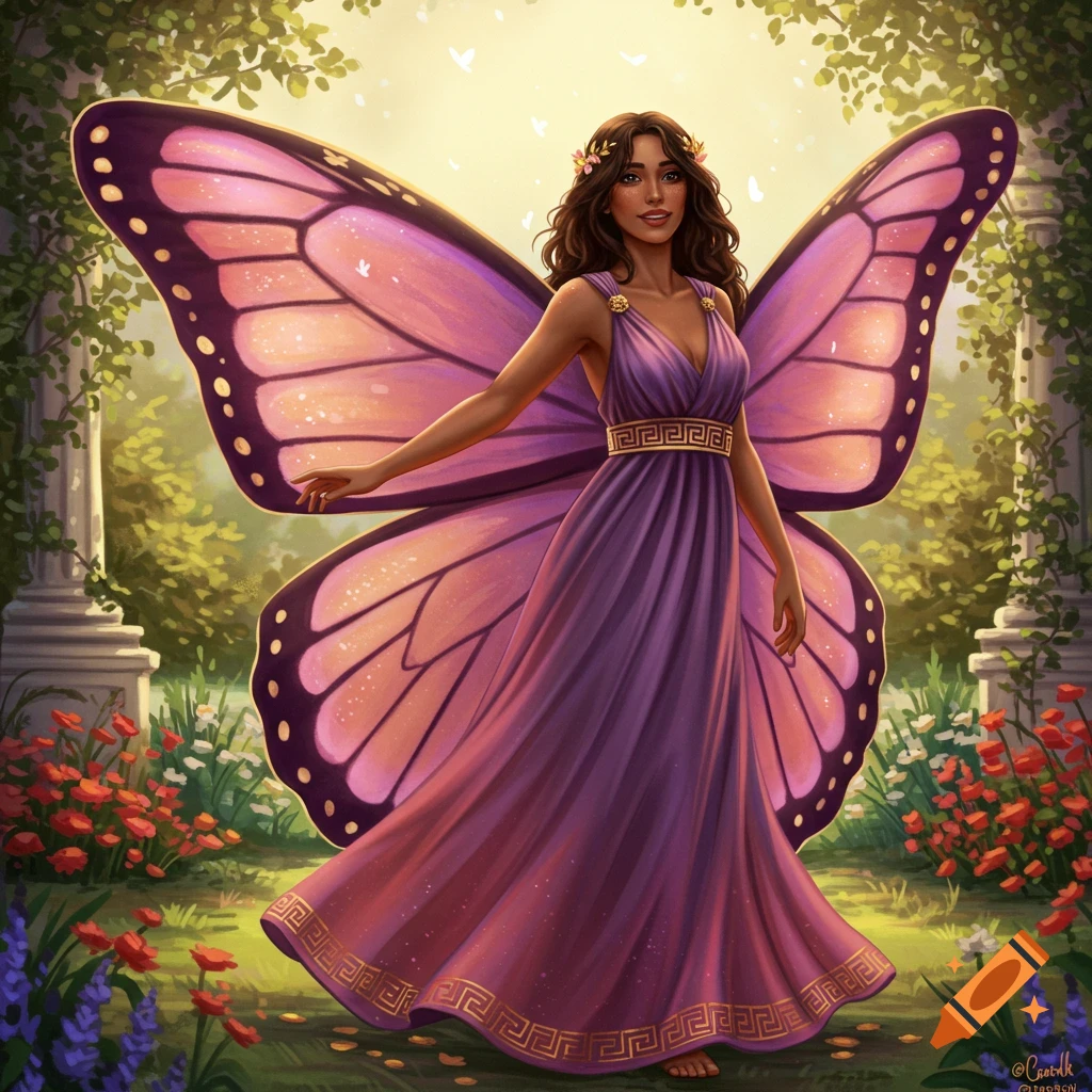 Illustration of a woman with large purple butterfly wings and a flowing purple dress in a garden.