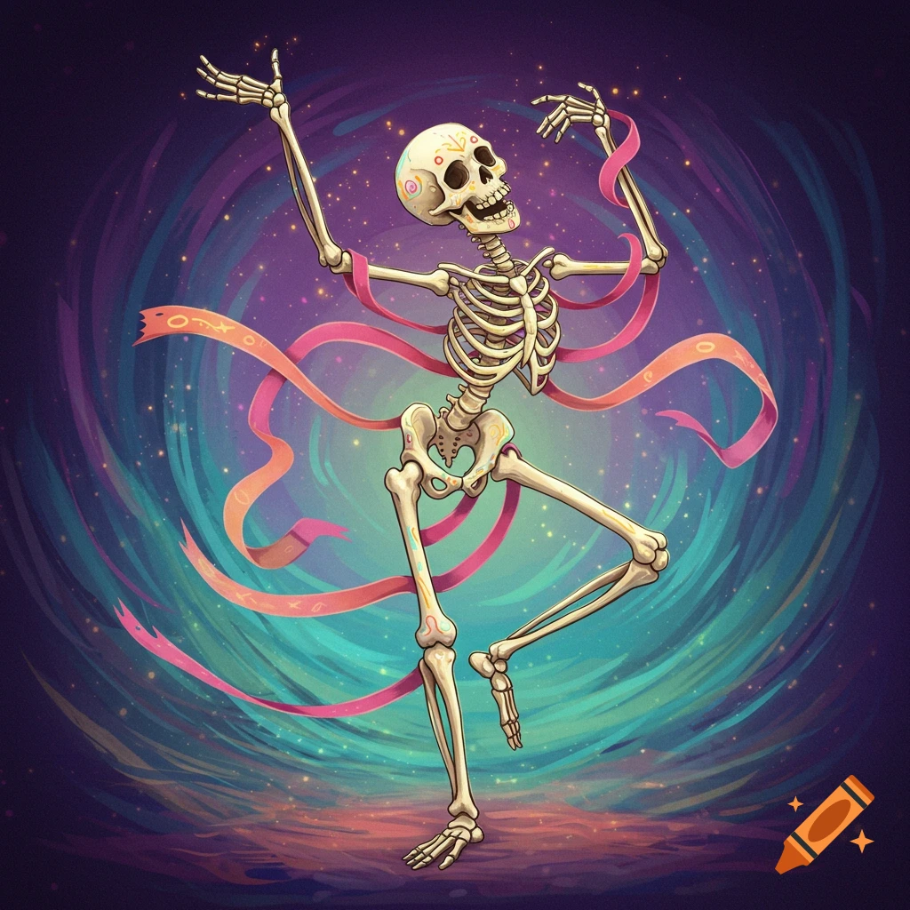A stylized illustration of a dancing skeleton with pink ribbons against a swirling cosmic background.