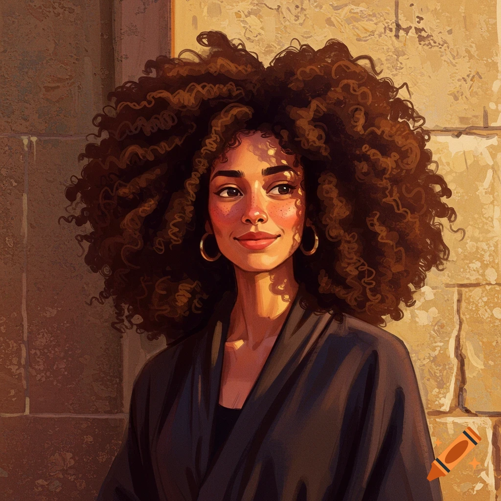 Portrait of a woman with large curly hair smiling in sunlight