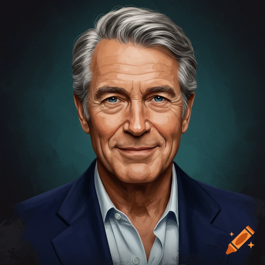 Illustrative portrait of an older man with gray hair and blue eyes wearing a blue suit jacket.