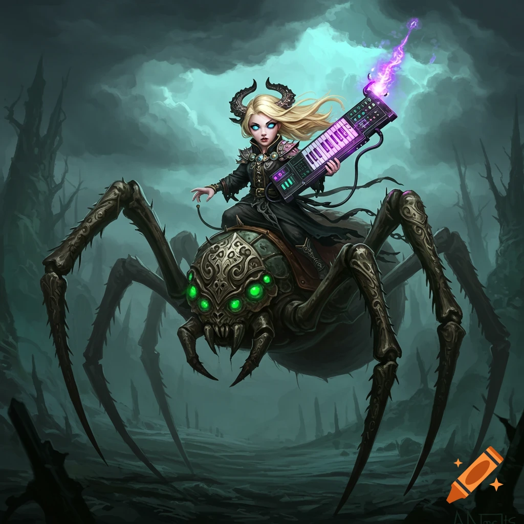 A dark fantasy illustration of a horned blonde character riding a large ornate spider while playing a purple synthesizer.