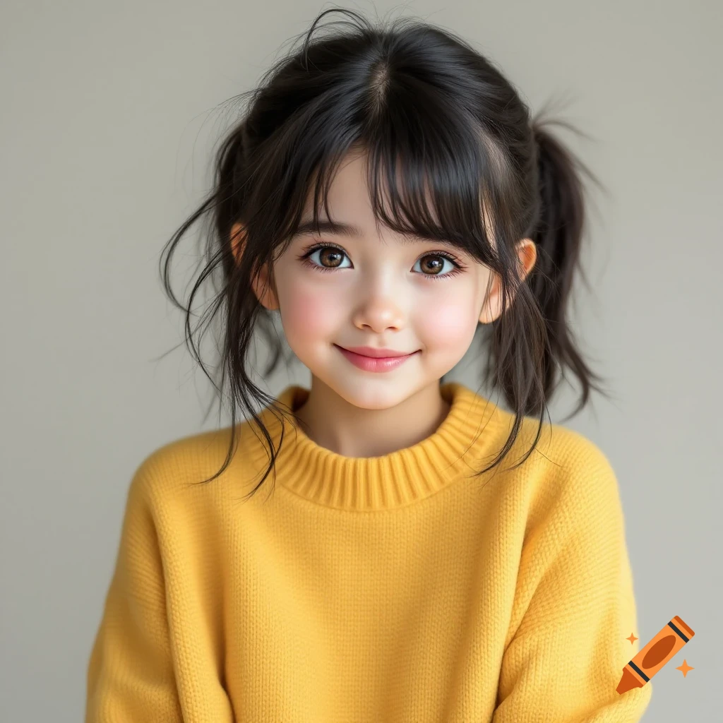 Close-up portrait of a smiling young girl with black hair and brown eyes wearing a yellow sweater.