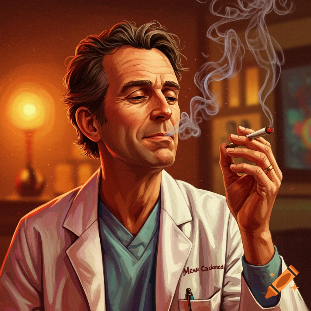 Illustration of a doctor in a lab coat smoking a cigarette.