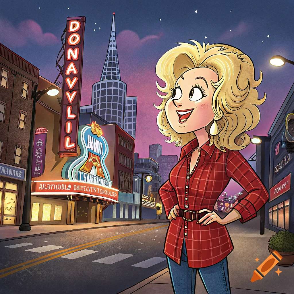 Cartoon of a woman resembling Dolly Parton in a red flannel shirt standing on a city street at dusk with neon signs in the background.