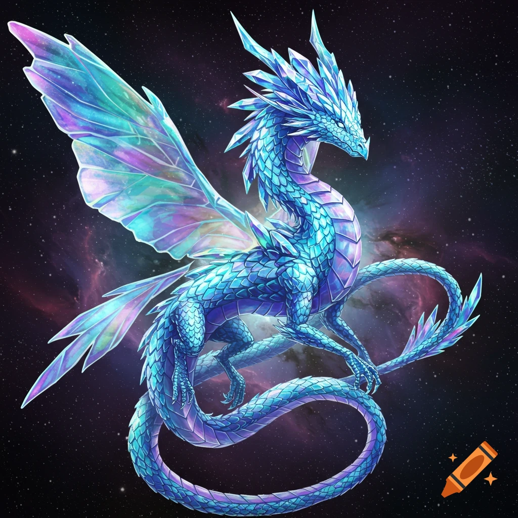 A vibrant blue crystal dragon with iridescent wings flies through space.