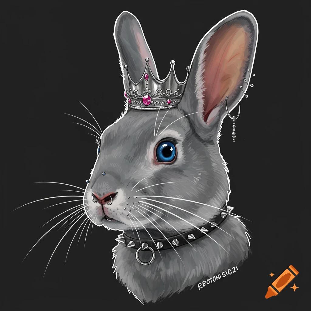 Illustration of a gray rabbit wearing a silver crown, piercings, and a studded collar.