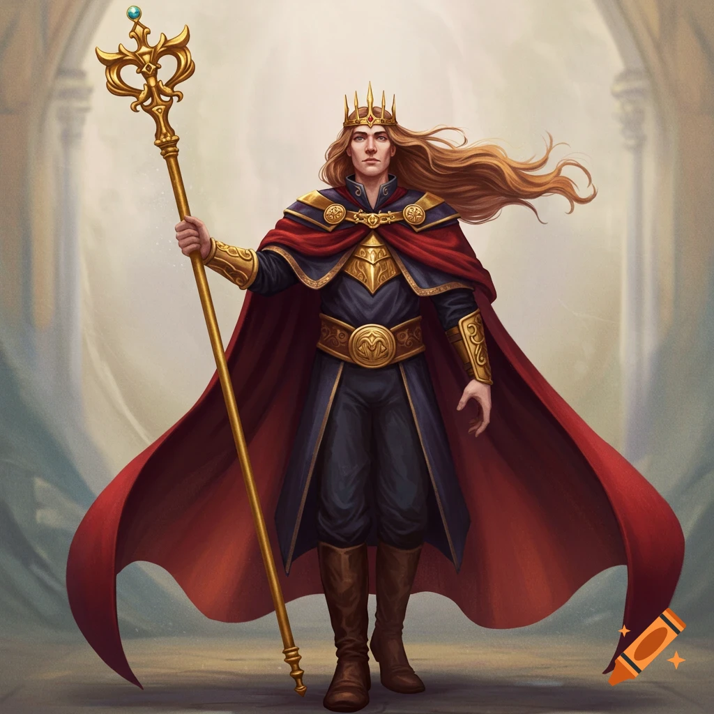 A king in a crown, red cape, and golden armor holds a tall gold staff.
