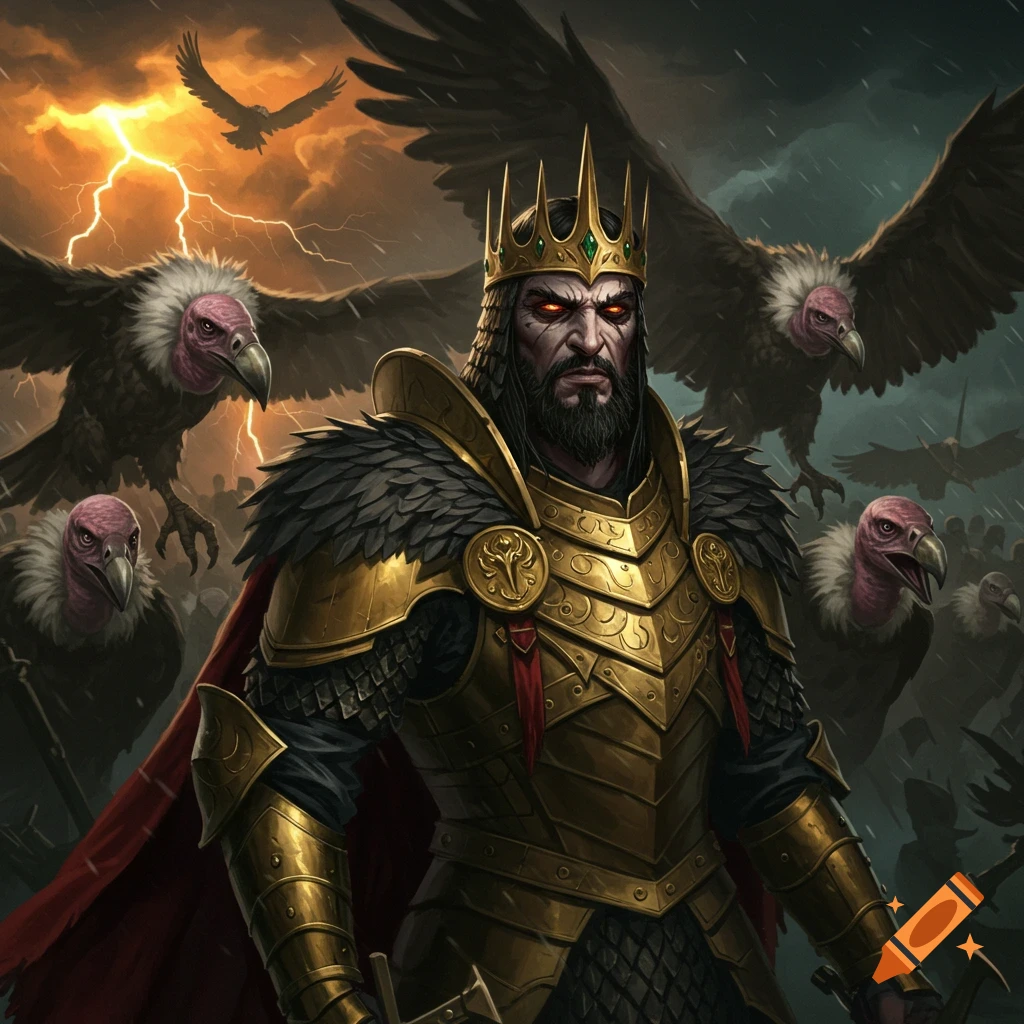 Fantasy art of a vulture king in gold armor and crown, surrounded by vultures during a stormy lightning-filled sky.