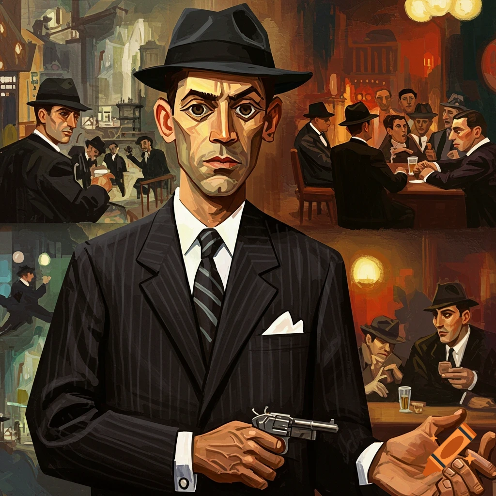 Stylized painting of a gangster holding a gun, with background scenes of gangsters in a bar.