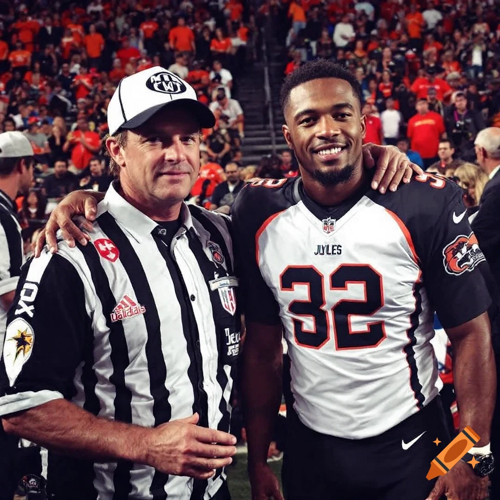 A man in a referee uniform stands next to a man in a football jersey on a field with a crowd in the background.