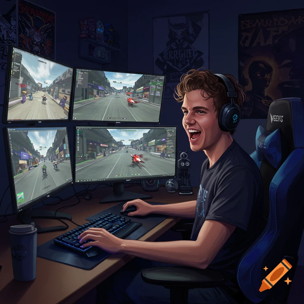 Young man playing video games on a multi-monitor setup, looking excited.