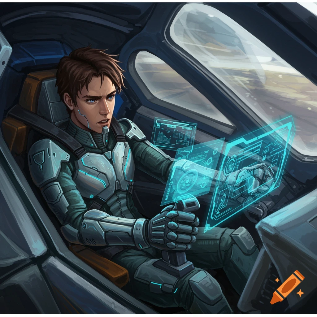 Illustrated image of a man in a sci-fi suit piloting a spacecraft, viewing holographic displays.