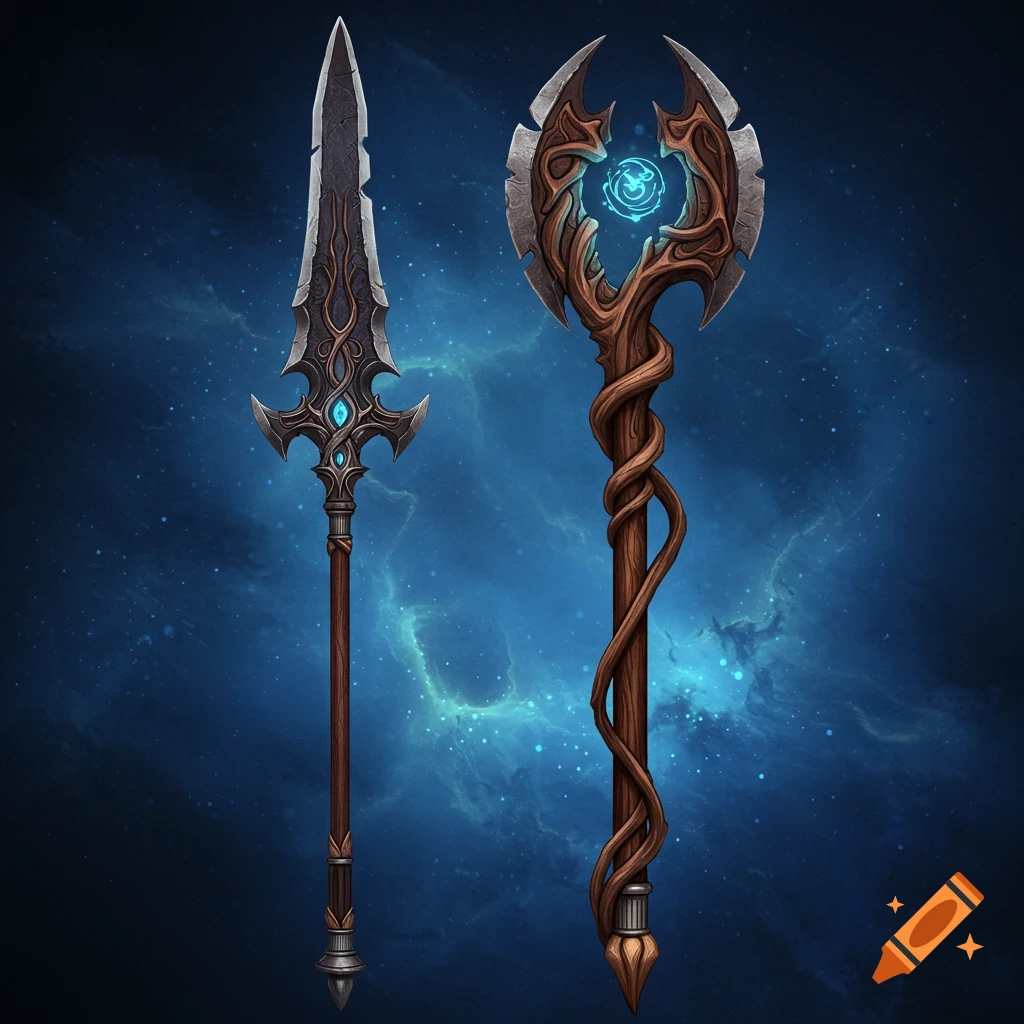 Two fantasy weapons: a spear and an ornate staff with glowing blue energy, against a cosmic background.