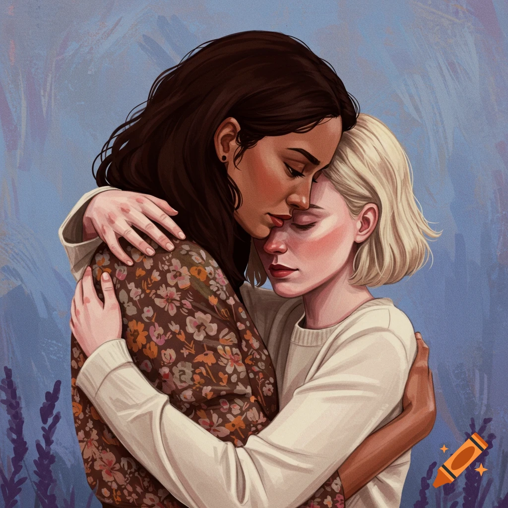 Painted portrait of two women embracing tenderly