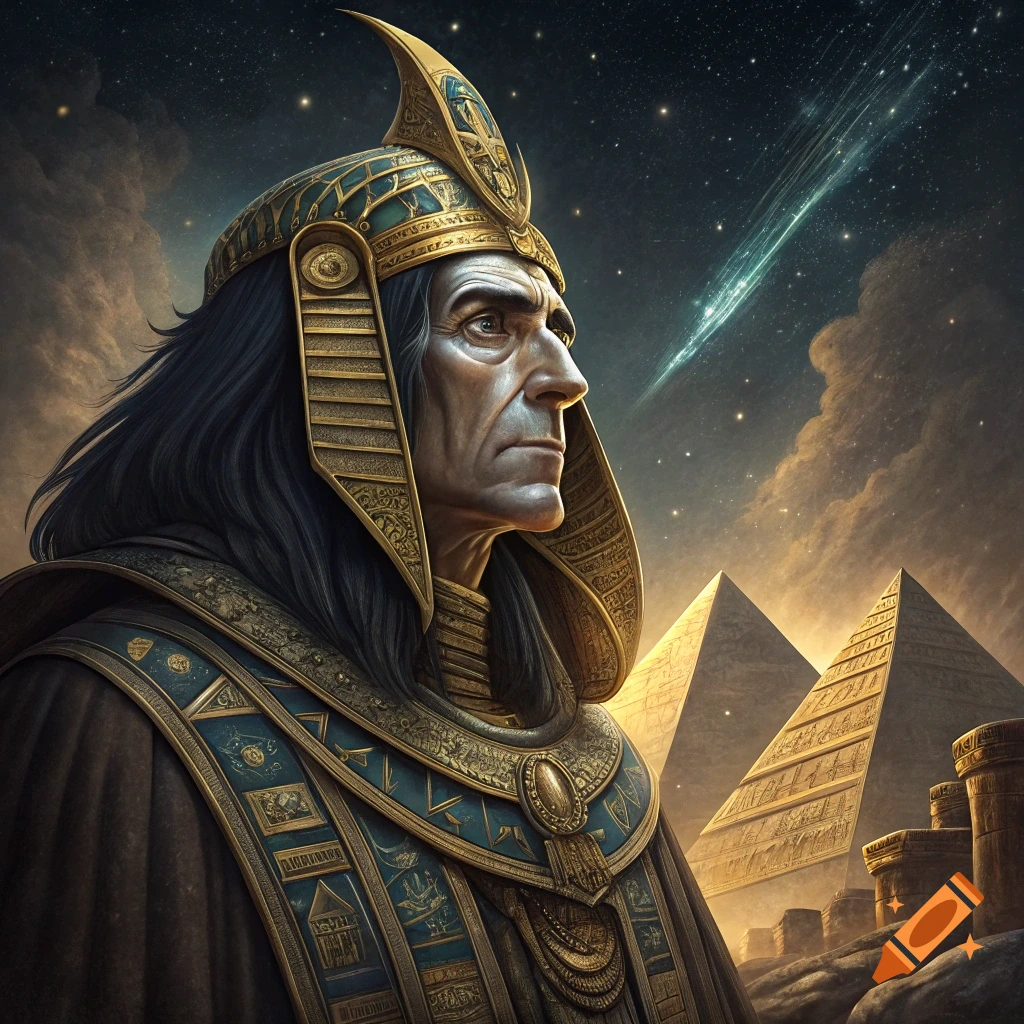 A figure resembling Snape in pharaoh attire stands before pyramids under a starry, cloudy sky with a comet.