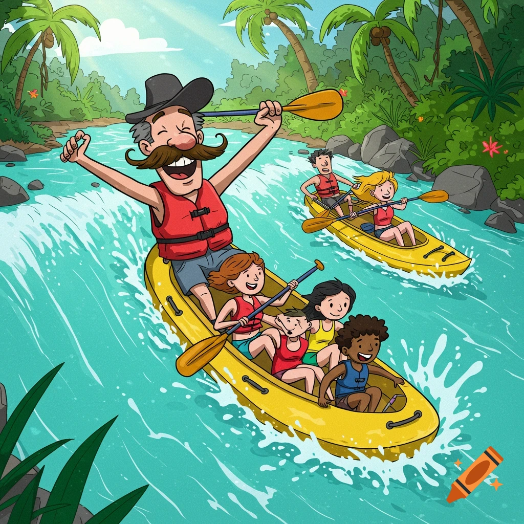 Cartoon illustration of people rafting down a river rapid.